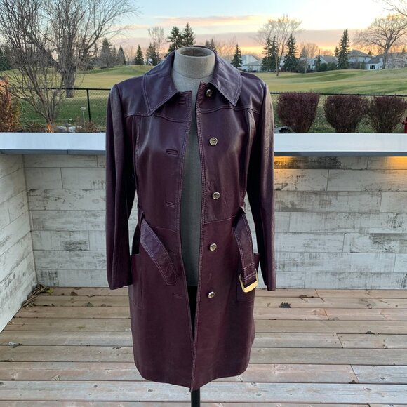 Vintage Di Costa Leather Overcoat Trench Coat Small Burgundy Belted 60s - Picture 6 of 16